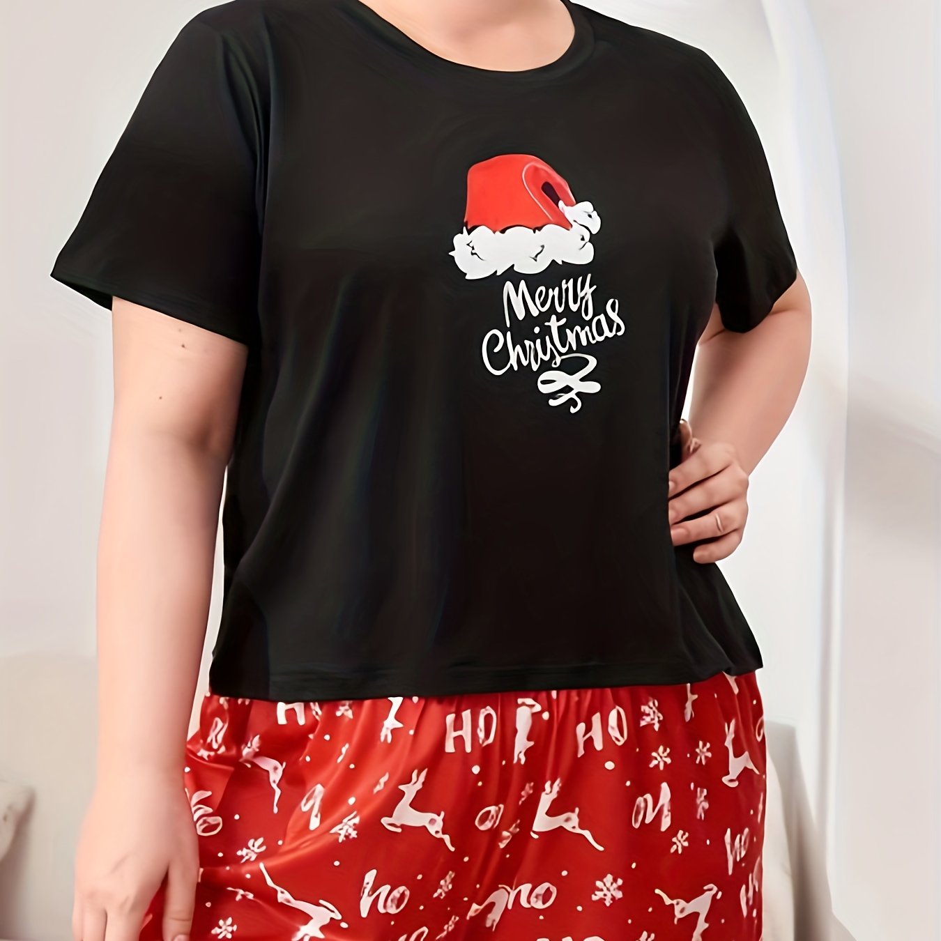 Christmas Lounge Set Elk Print Short Sleeve Tee & Shorts Pajama Set