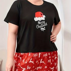 Christmas Lounge Set Elk Print Short Sleeve Tee & Shorts Pajama Set