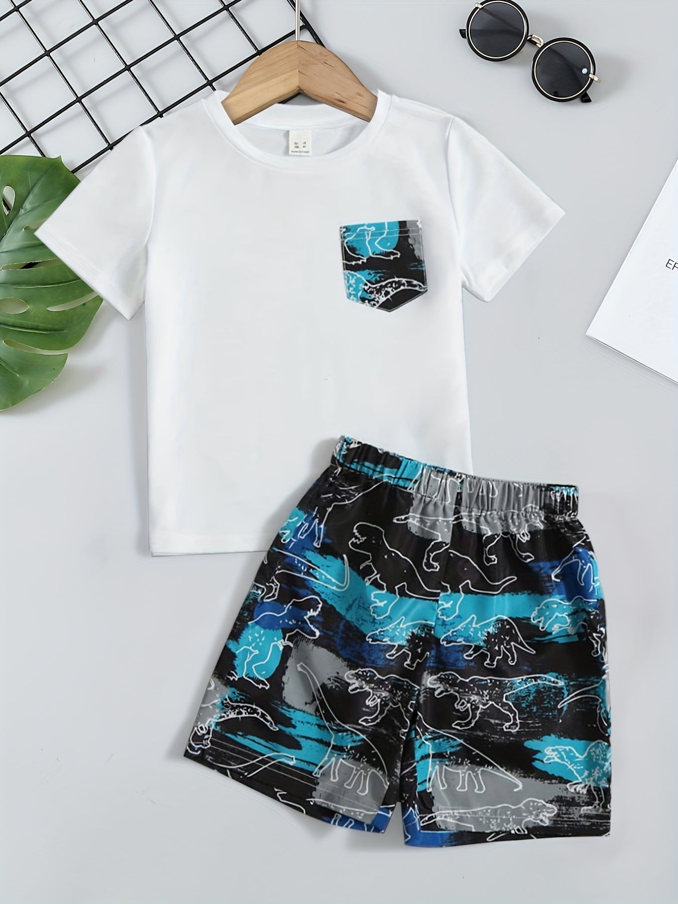 Boys Dinosaur Block Outfit Shorts & Round Neck T shirt Casual Kids Summer