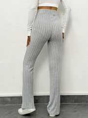 Ribbed Flared Leg Pants High Waist Solid Long Length