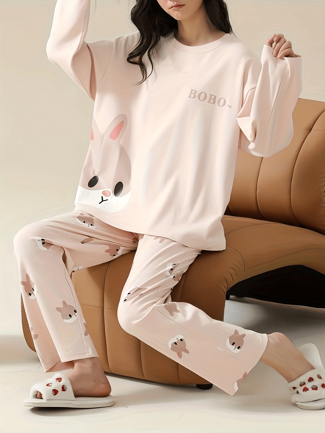 Bunny Print Pajama Set Long Sleeve Crew Neck Top & Pants Women's Sleepwear