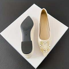 Rhinestone Decor Point Toe Slip On Low Heel Shoes