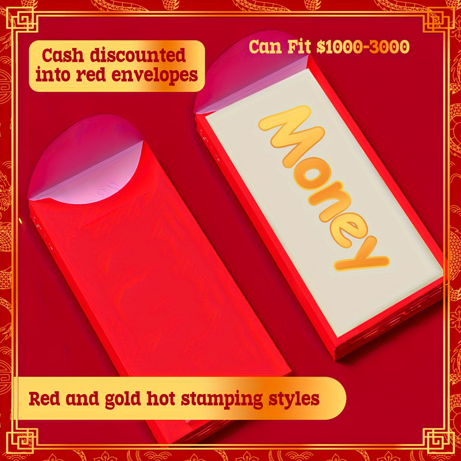 6pcs Red Envelopes 3D Embossing Year Packet Golden Lucky Money Pockets