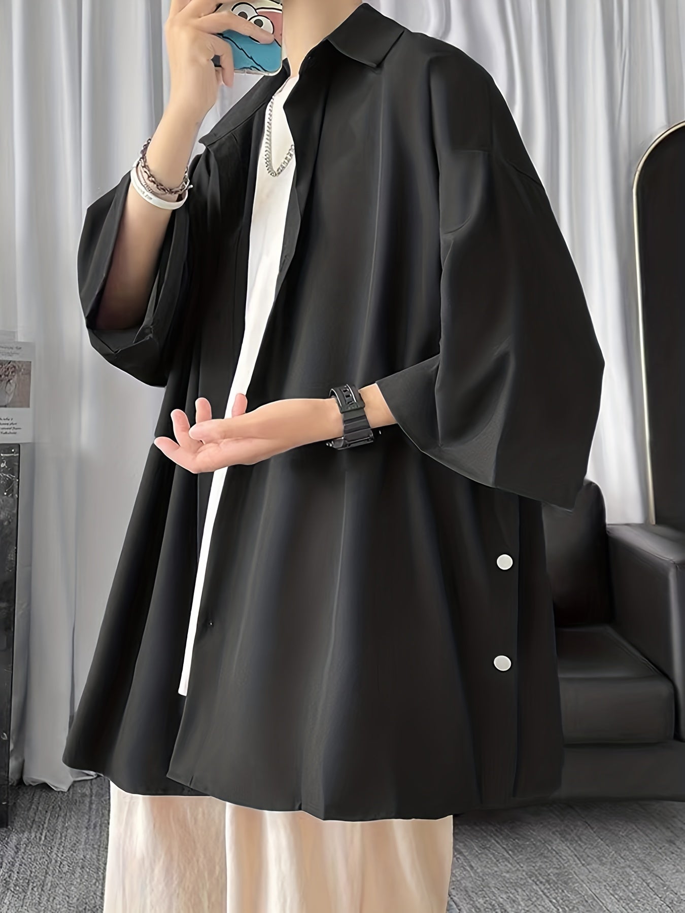 Men's Casual Shirt with Side Slit and 3/4 Sleeves Regular Fit Solid Male Top