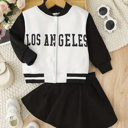 Toddler Girls Preppy Style Baseball Coat & Pleated Skirt Set