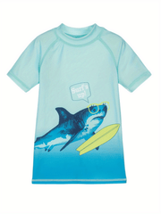 Boy's Short Sleeve Swimsuit Cartoon Shark Print Bathing Suit