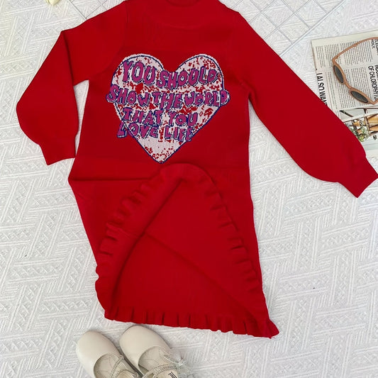 Girls Knitted Heart Jacquard Sweater Dress for Autumn and Winter