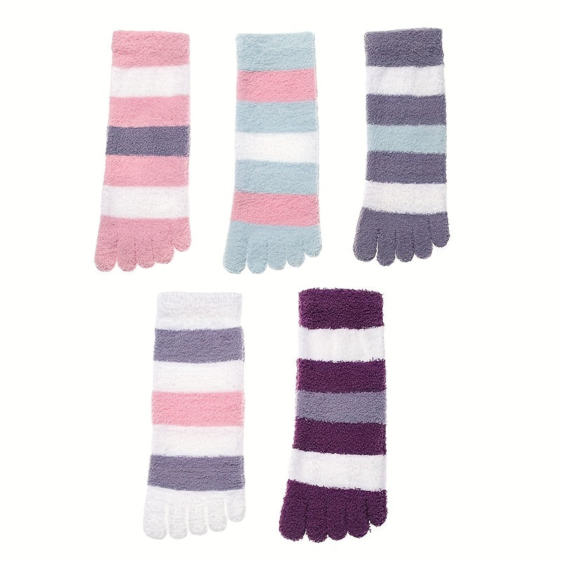 Colorblock Striped Socks Warm & Comfy Fuzzy Five Fingers Stockings