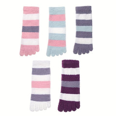 Colorblock Striped Socks Warm & Comfy Fuzzy Five Fingers Stockings