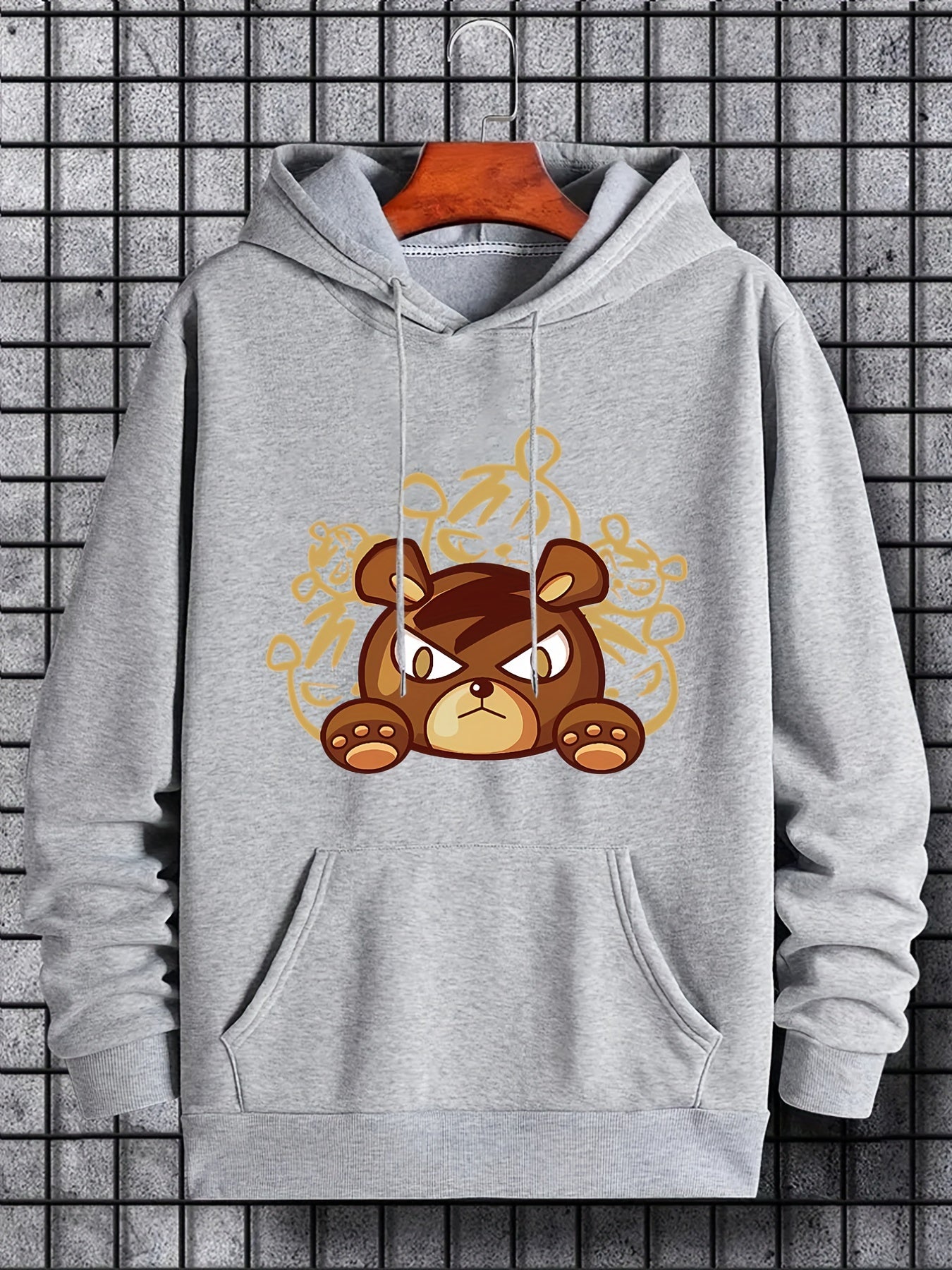 Cartoon Bear Print Hoodie for Men Casual Graphic Pullover Hooded Sweatshirt