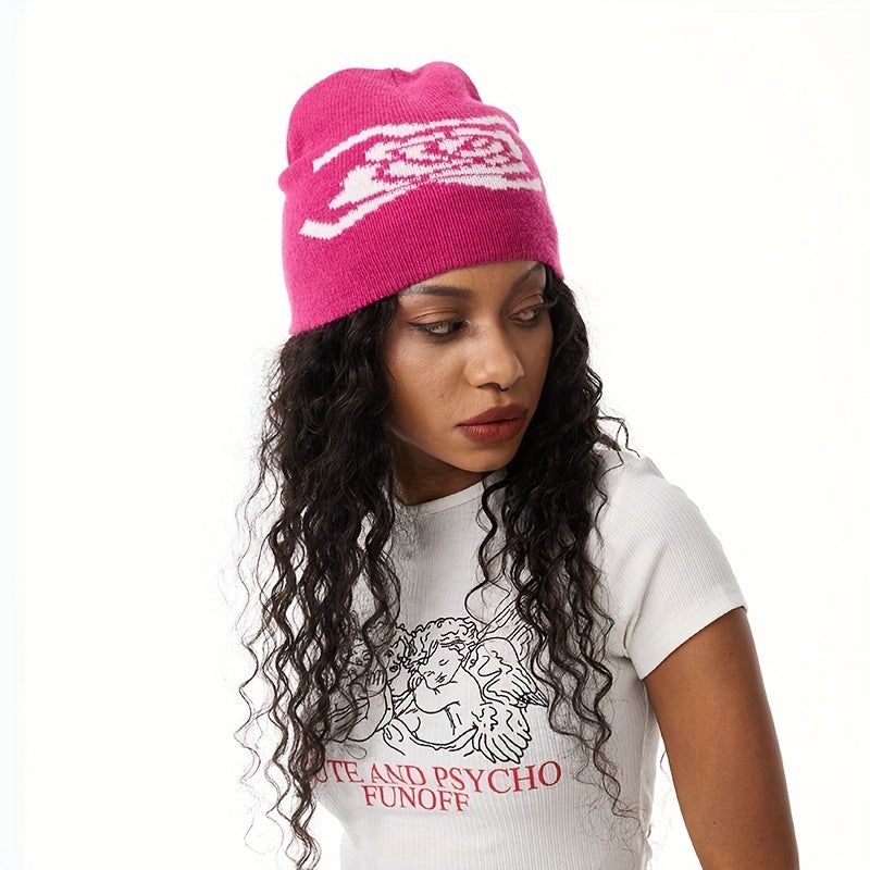 Y2K Flower Jacquard Beanie Hip Hop Knit Hat Warm Knitted Hat
