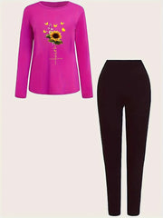 Floral & Butterfly Print Long Sleeve Top & Leggings Set