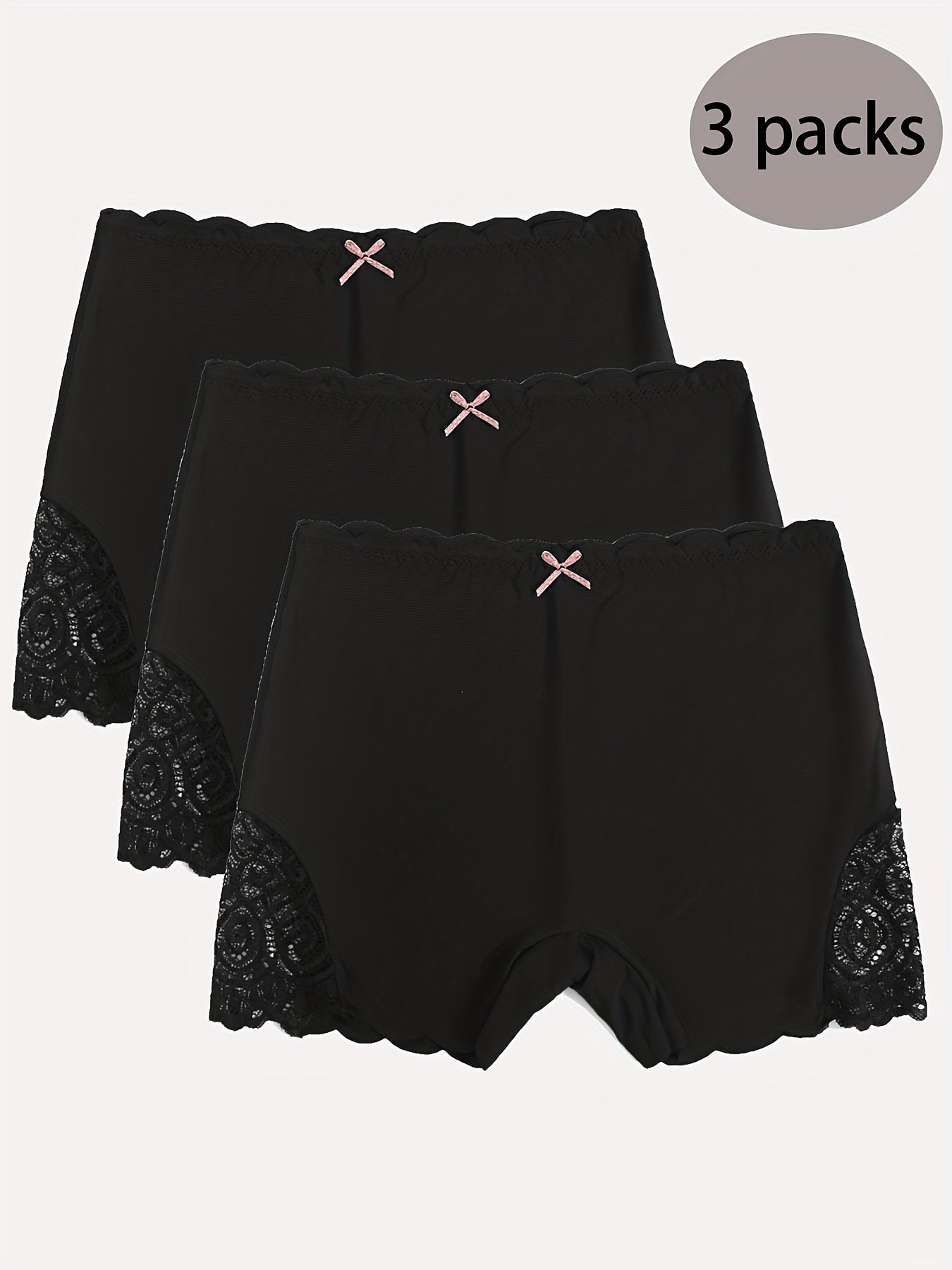 3pcs Lace Boyshort Panties Seamless Scallop Trim Bow Tie Women's Lingerie