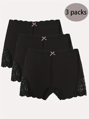 3pcs Lace Boyshort Panties Seamless Scallop Trim Bow Tie Women's Lingerie