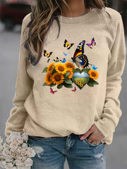 Butterfly & Sunflower Print Crew Neck Sweatshirt