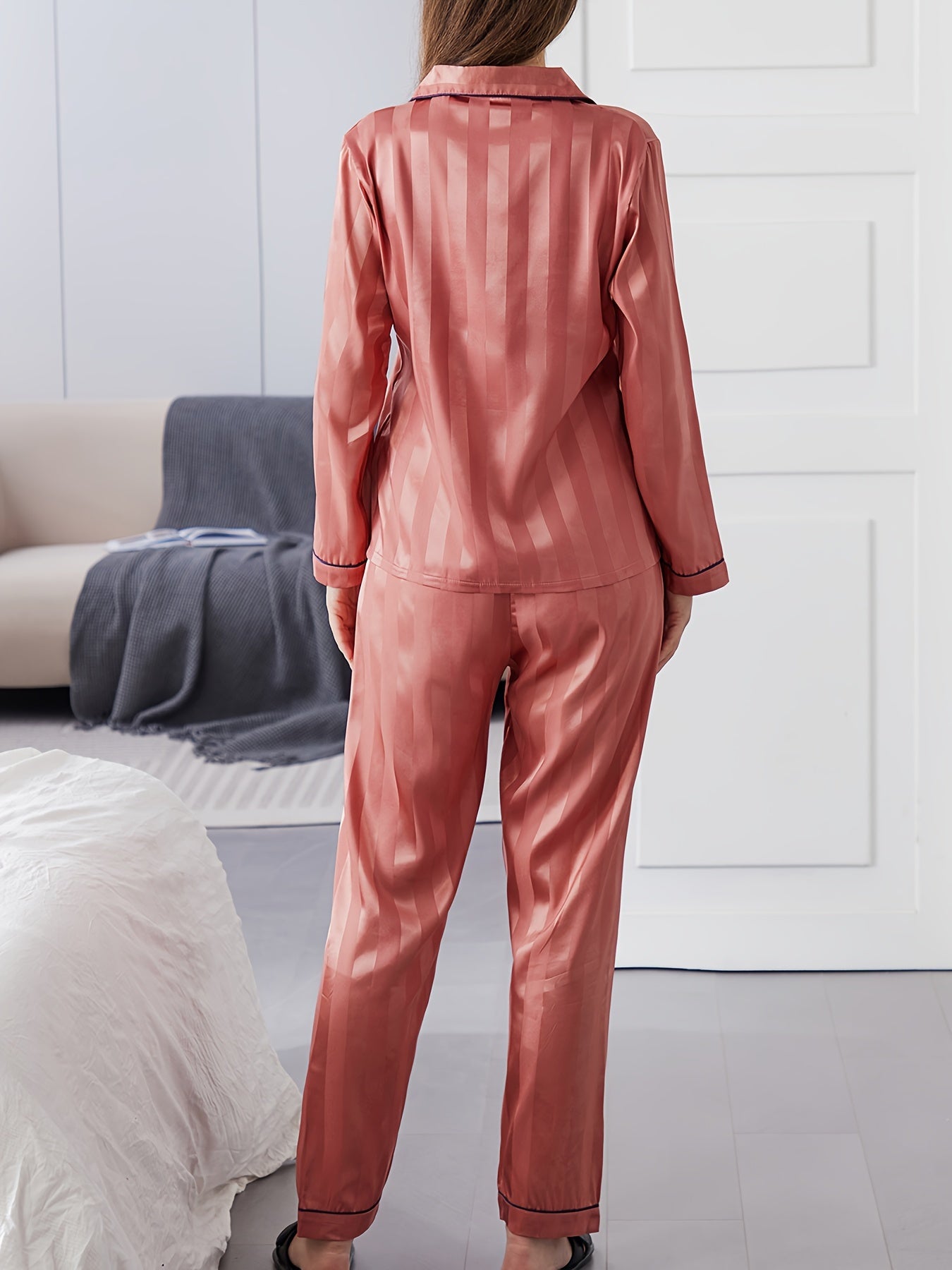 Striped Satin Pajama Set Long Sleeve Buttons Top & Elastic Waistband Pants