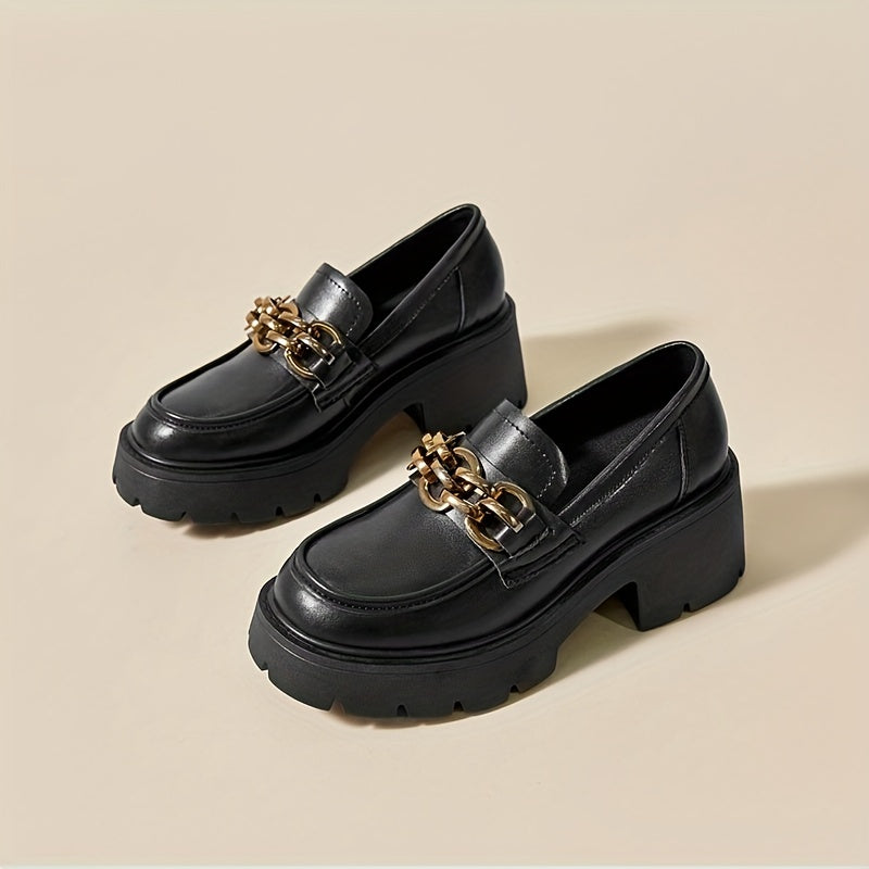 Chain Decor Chunky Heel Loafers Closed Toe Slip On Shoes Women's Walking Shoes