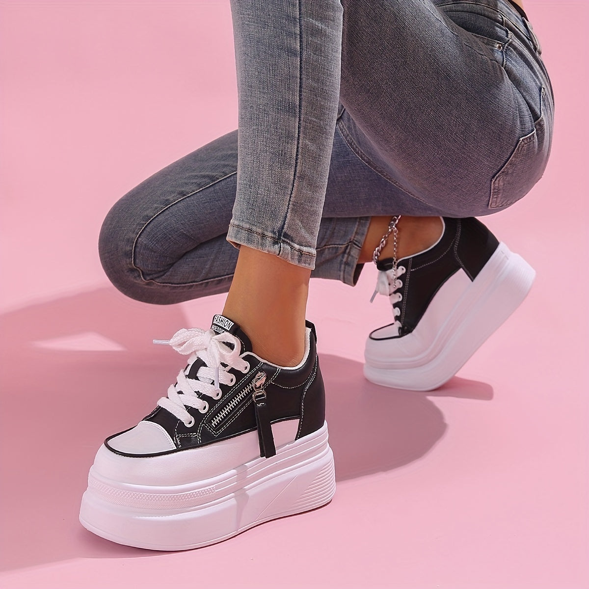 Women's Side Zipper Chunky Sneakers Lace Up Thick Sole Walking Shoes