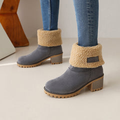 Women's Plush Lined Ankle Boots Thermal Round Toe Chunky Heeled Boots