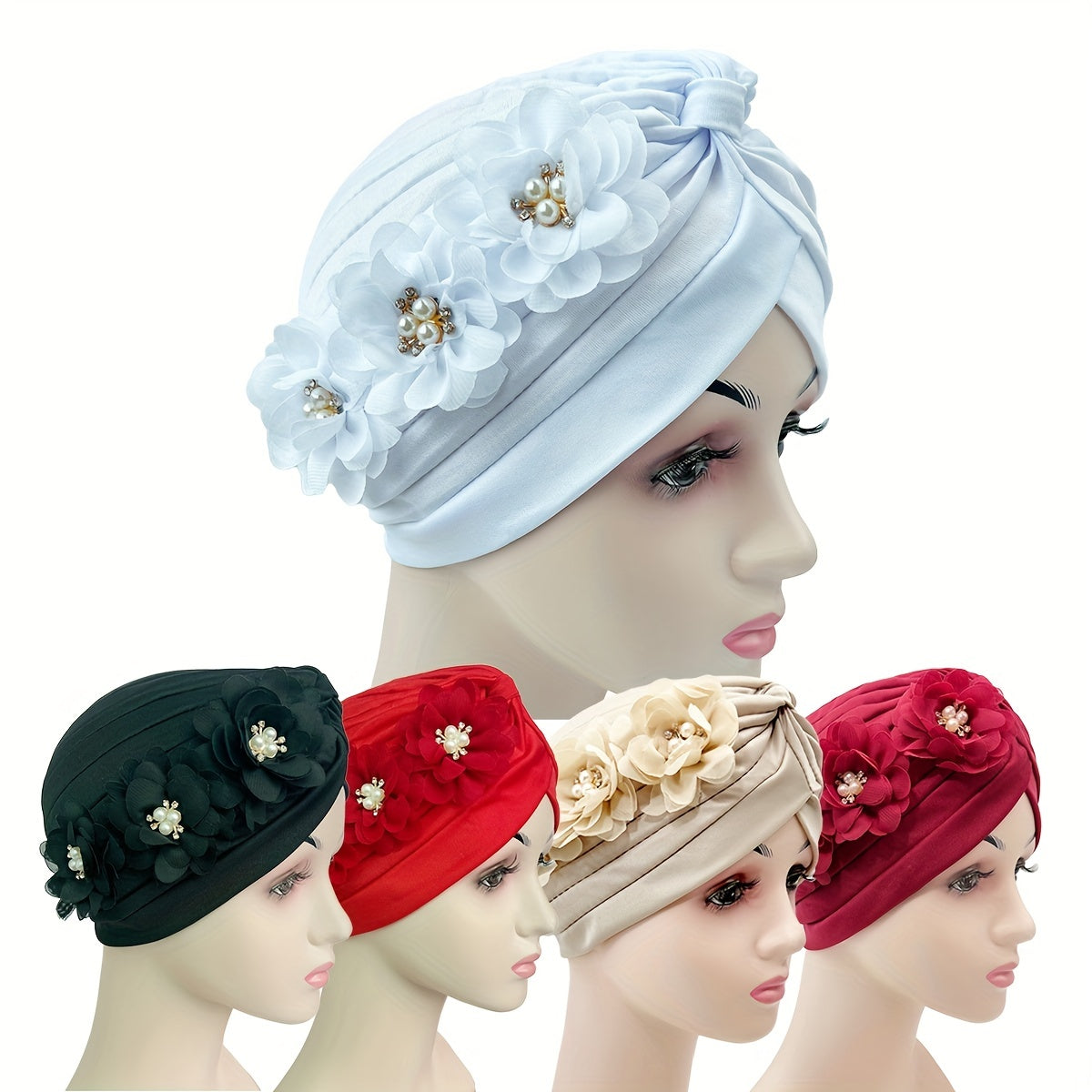 Pleated Turban Cap Faux Pearl Flower Decor Head Wrap Elastic Beanie