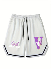 Men's Streetwear Shorts Purple Letter V Graphic Drawstring Stretchy Short Pants