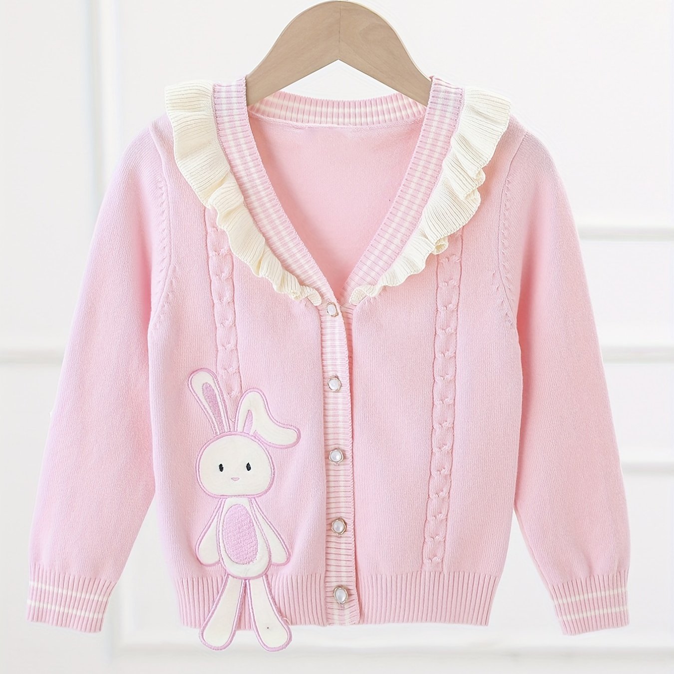 Girls' Bunny Embroidery Knit Cardigan Ruffle Trims Button Down Top