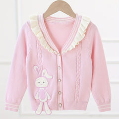 Girls' Bunny Embroidery Knit Cardigan Ruffle Trims Button Down Top