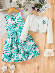 2pcs Dino Tank Dress & Cardigan Set for Girls - Floral Dinosaur Print Outfit