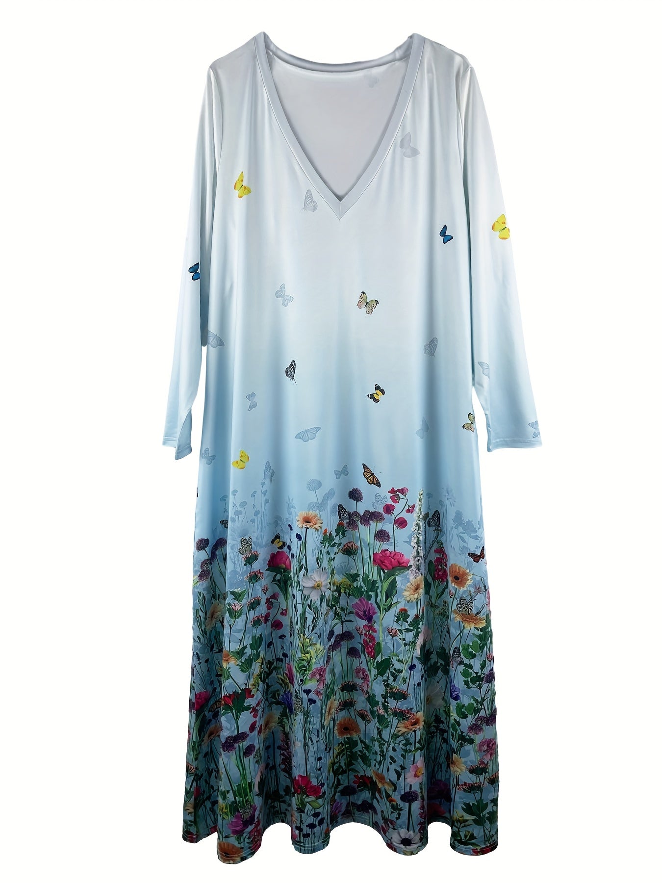 Floral & Butterfly Print Long Sleeve V Neck Maxi Dress
