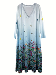 Floral & Butterfly Print Long Sleeve V Neck Maxi Dress