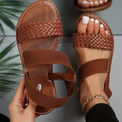 Women's Braided Strap Flat Sandals Open Toe Elastic Slip On Shoes