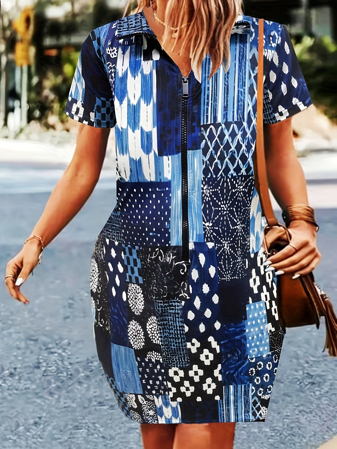 Casual Dress Women's Plus Short Sleeve V Neck Zipper Dress