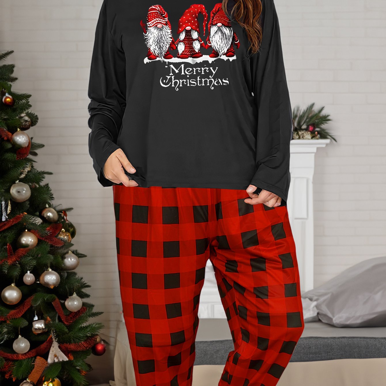 Christmas Lounge Set Gnomes & Slogan Print Tee & Plaid Pants Pajamas