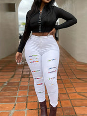 Colorful Patchwork Skinny Jeans High Rise Paisley Distressed Pencil Jeans