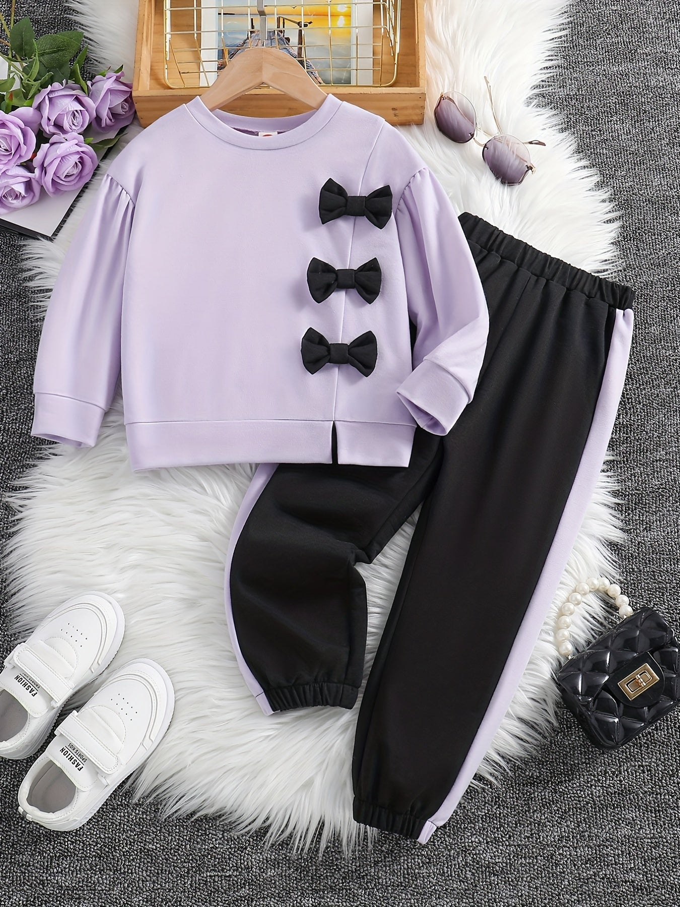 Girls 2pcs Sweatshirt & Pants Set Bow Decor Long Sleeve Pullover Top Casual Kids