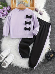 Girls 2pcs Sweatshirt & Pants Set Bow Decor Long Sleeve Pullover Top Casual Kids