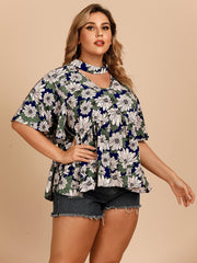 Floral Print Halter Neck Short Sleeve Blouse Plus Size