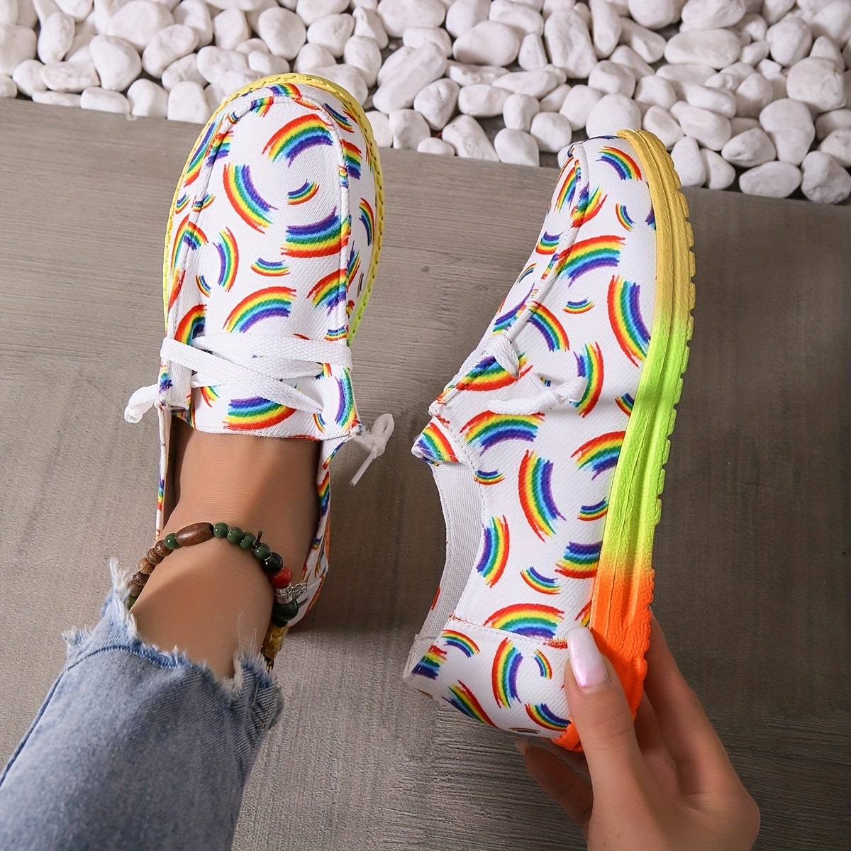 Women's Rainbow Print Canvas Shoes Casual Lace Up Outdoor Shoes