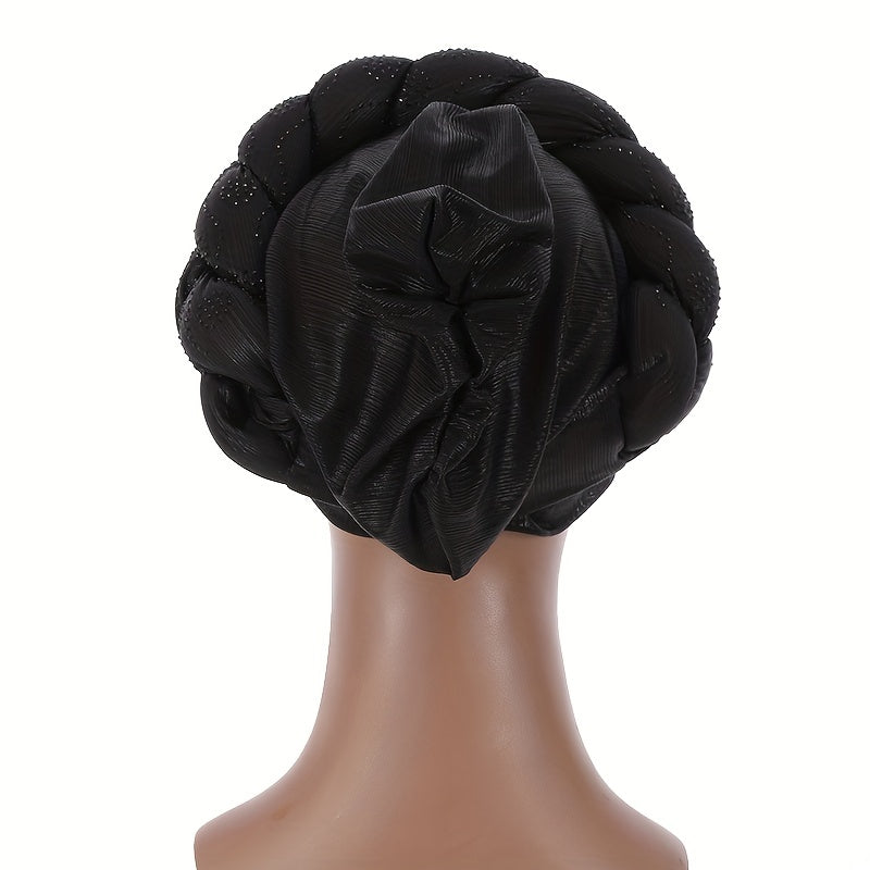 Twist Braided Turban Cap Rhinestone Decor Big Head Wrap Hijab Hats