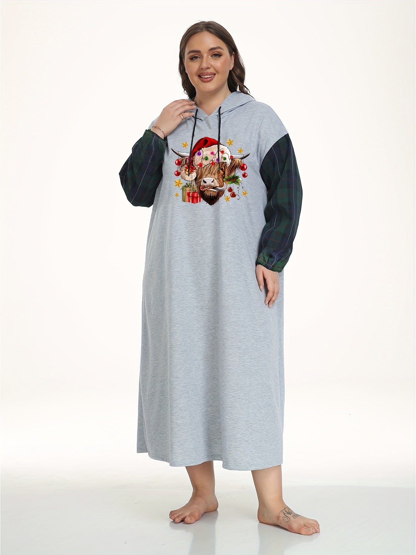 Christmas Loungewear Dress with Cow Print Raglan Sleeves