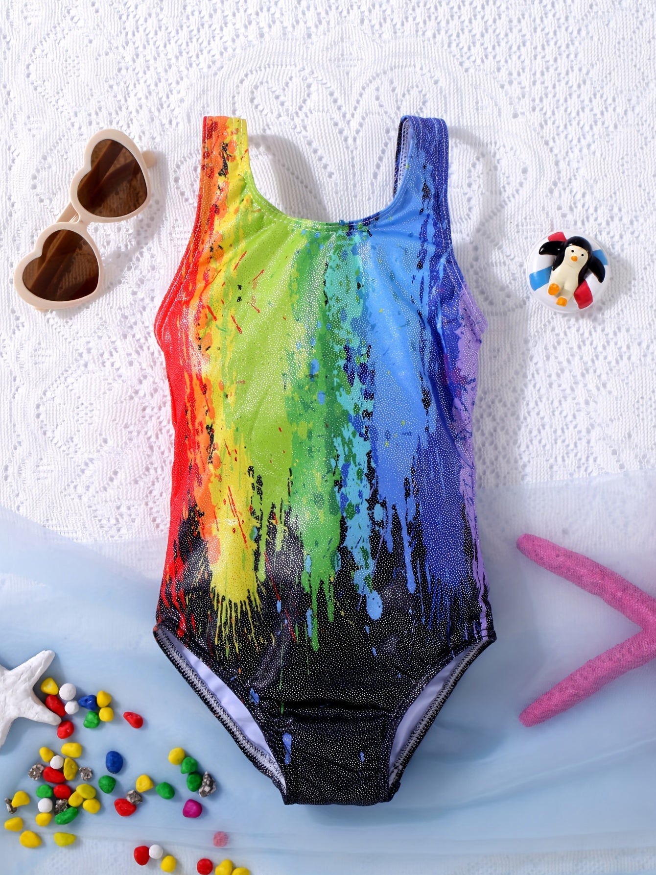 Girls Rainbow One Piece Swimsuit Sparkly Pattern Summer Swimwear