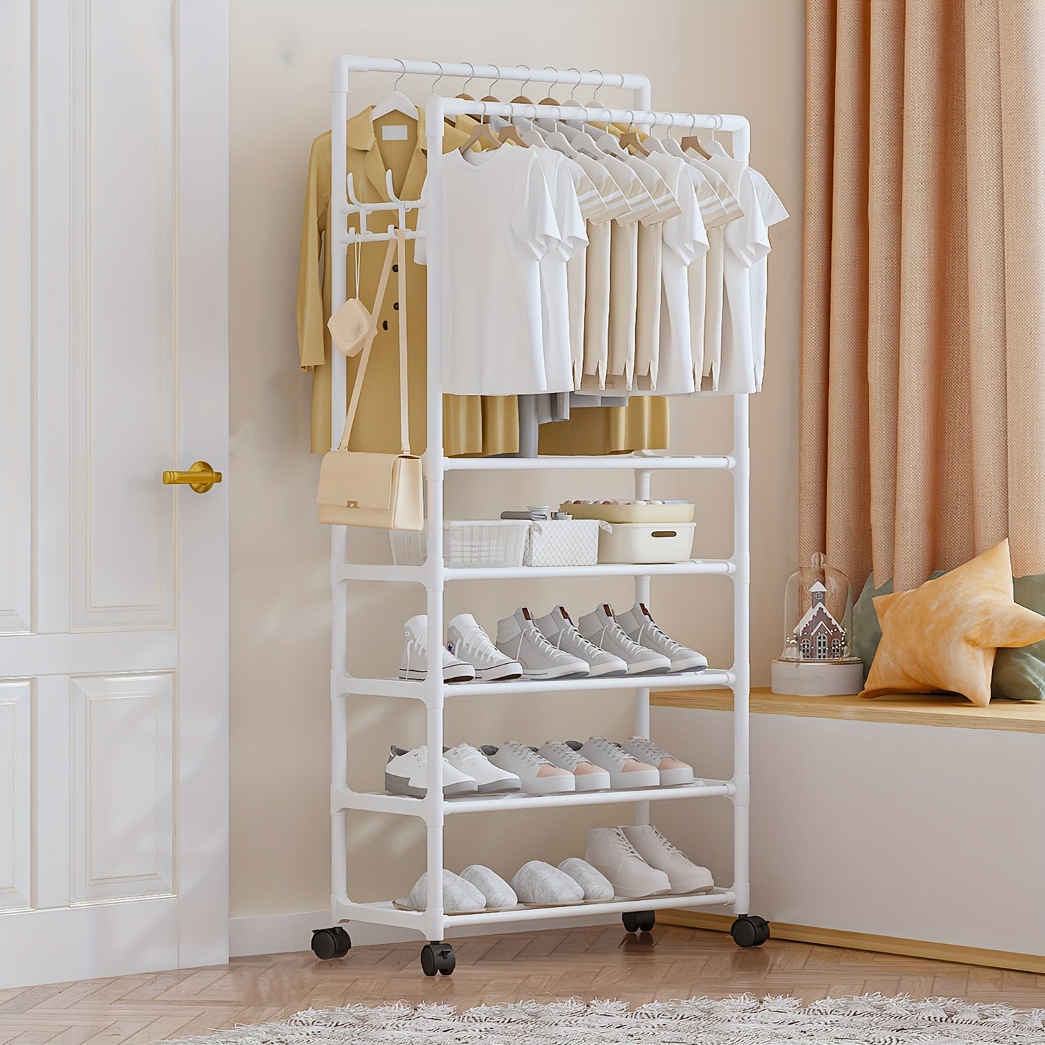 Double Pole Coat Rack Movable 5 Layer Clothes Rack