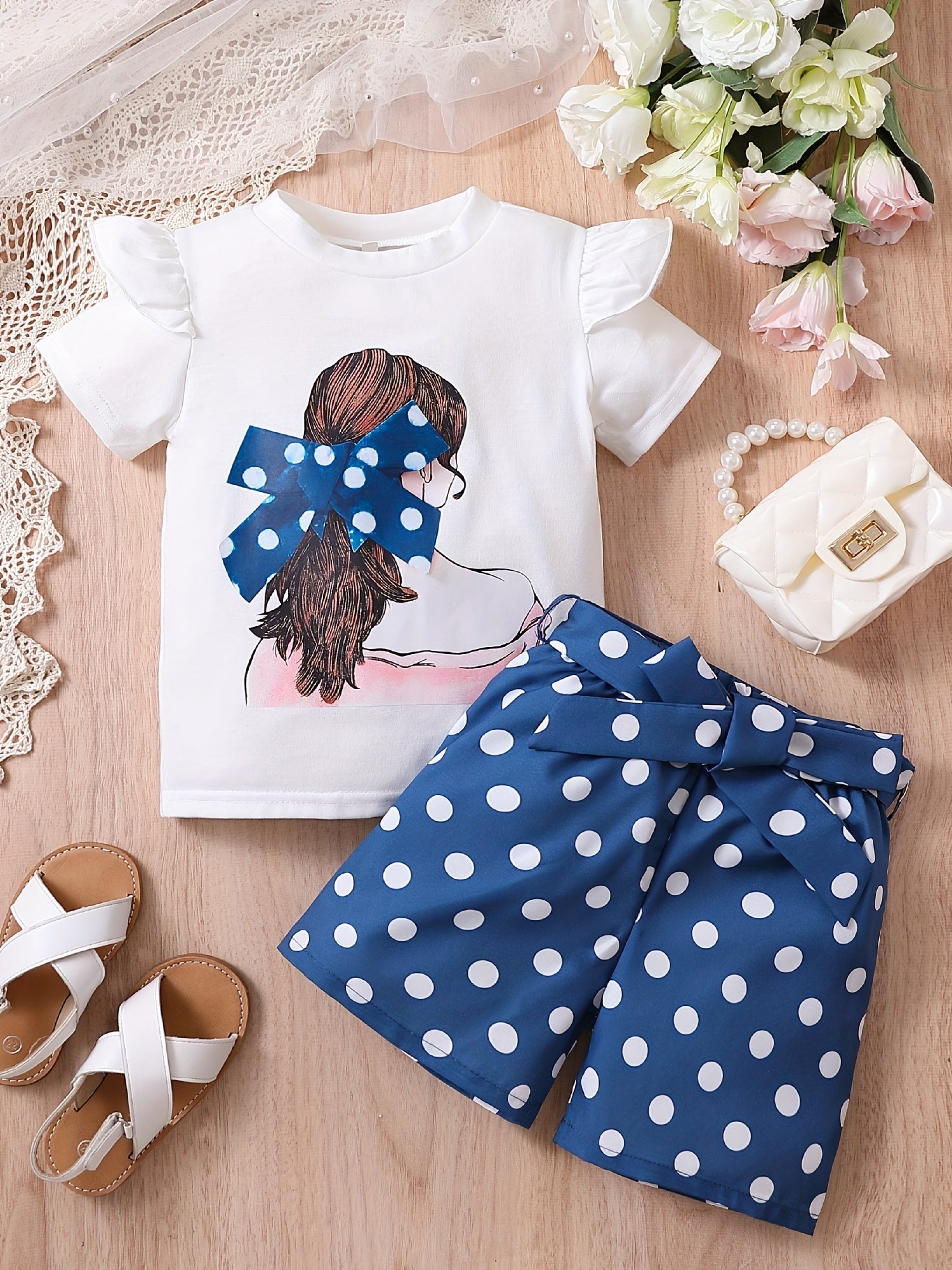2pcs Toddler Girls Bow Figure Ruffle Trim T Shirt & Polka Dot Belted Shorts Set