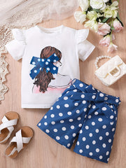 2pcs Toddler Girls Bow Figure Ruffle Trim T Shirt & Polka Dot Belted Shorts Set