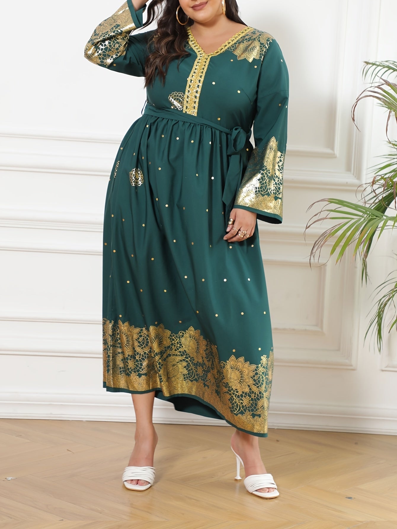 Abaya Dress Women's Plus Golden Floral Print Long Sleeve