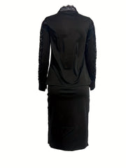 Lace Stitching Split Dress Long Sleeve Ruched