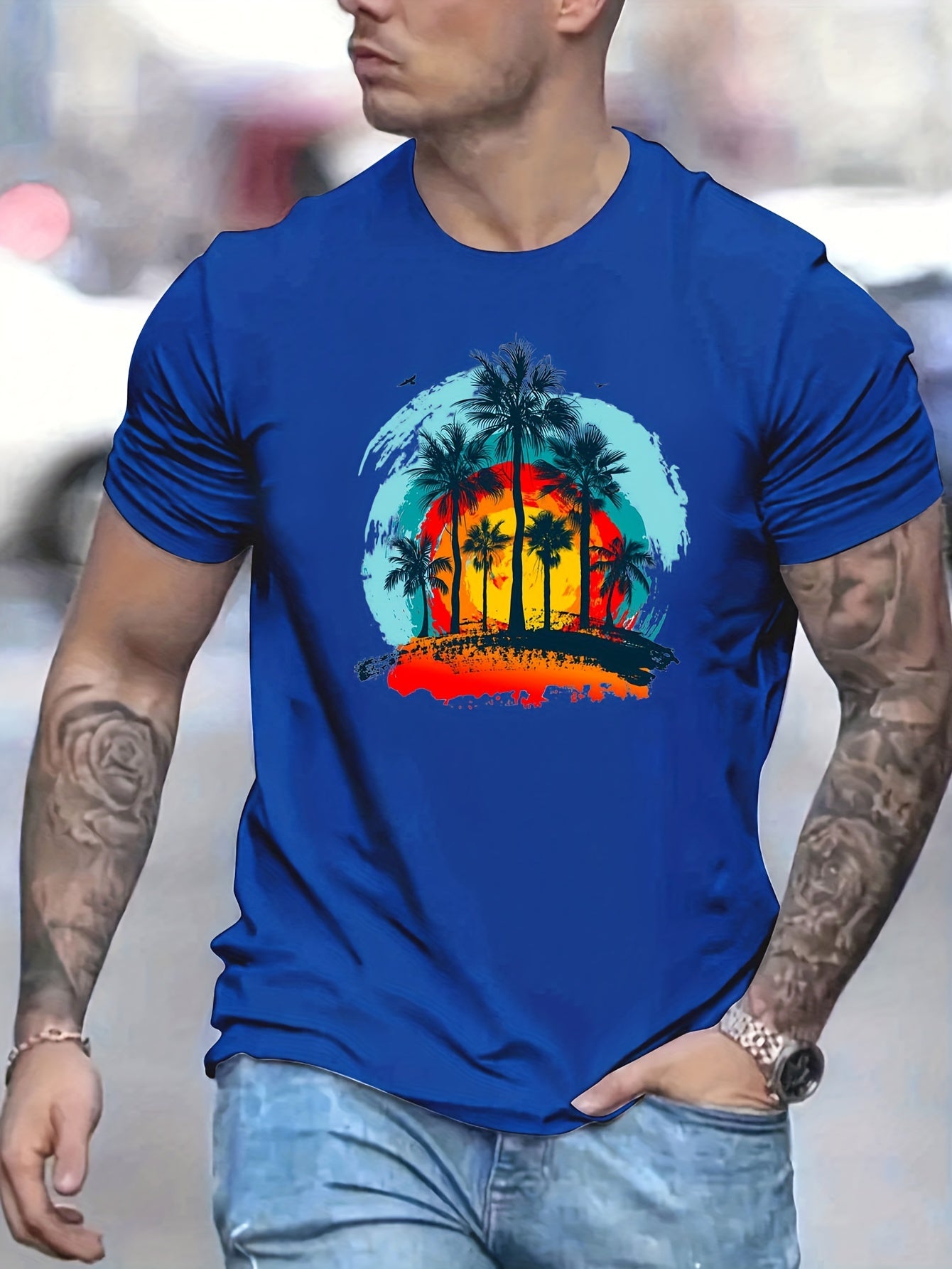 Coconut Palm & Sunset Print Men's Graphic Crew Neck T-shirt
