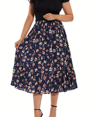 Boho Maxi Skirt Plus Ditsy Floral Print High Rise Pleated Maxi Skirt