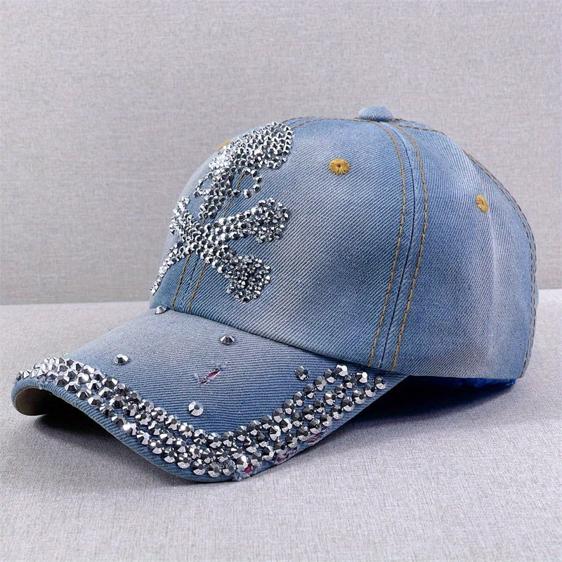 Washed Distressed Baseball Cap Rhinestone Skull Denim Dad Hats Light Adjustable