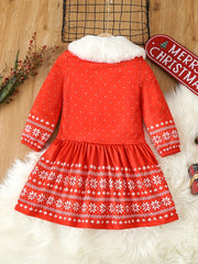 Girls Snow Graphic Christmas Dress with Fur Collar